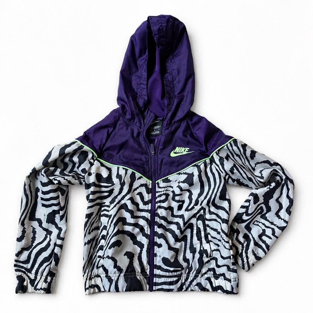 Nike Girls Windbreaker Jacket Size M Purple Zebra Print Hooded Full Zip